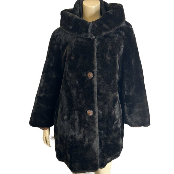 Vintage 50s Brown Faux Fur Coat Hollywood Retro Glam Mob Wife Retro Chic‎ Sz L - Picture 1 of 11
